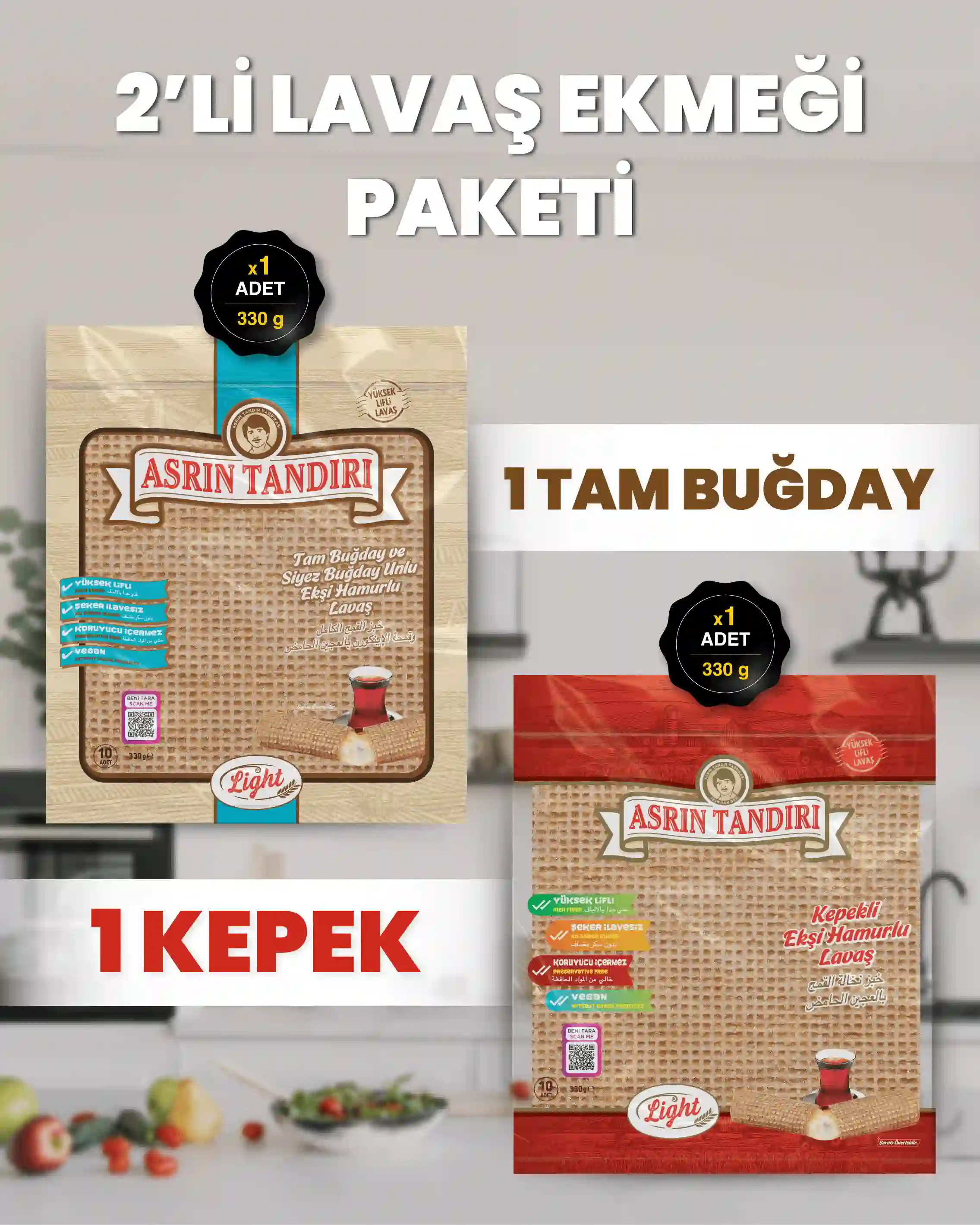 2'Lİ PAKET LAVAŞ SETİ (1 Paket Ekşi Hamurlu Kepekli Lavaş Ekmeği+ 1 Paket Ekşi Hamurlu Tam Buğday Lavaş Ekmeği)