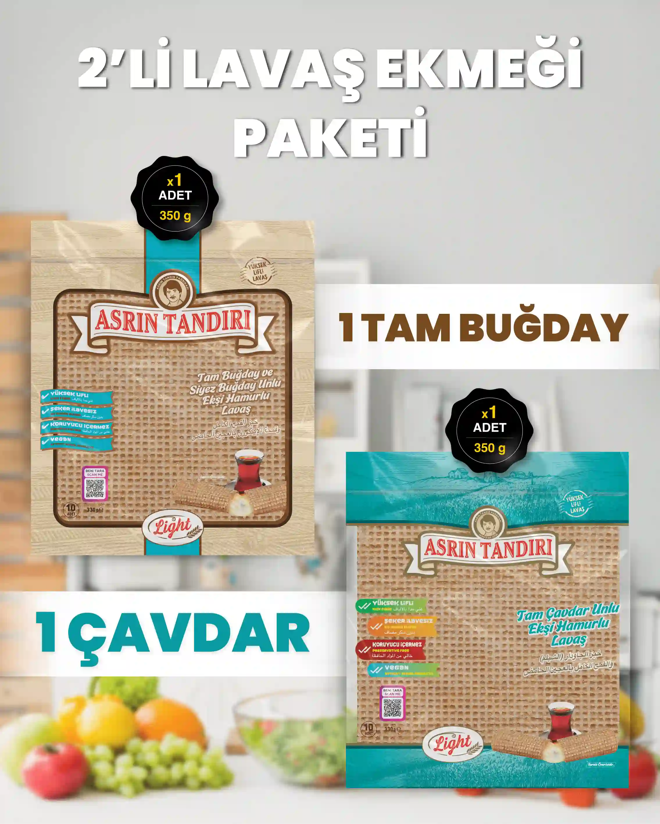2'Lİ PAKET LAVAŞ SETİ (1 Paket Ekşi Hamurlu Tam Buğday Lavaş Ekmeği - 1 Paket Ekşi Hamurlu Çavdar Lavaş Ekmeği)