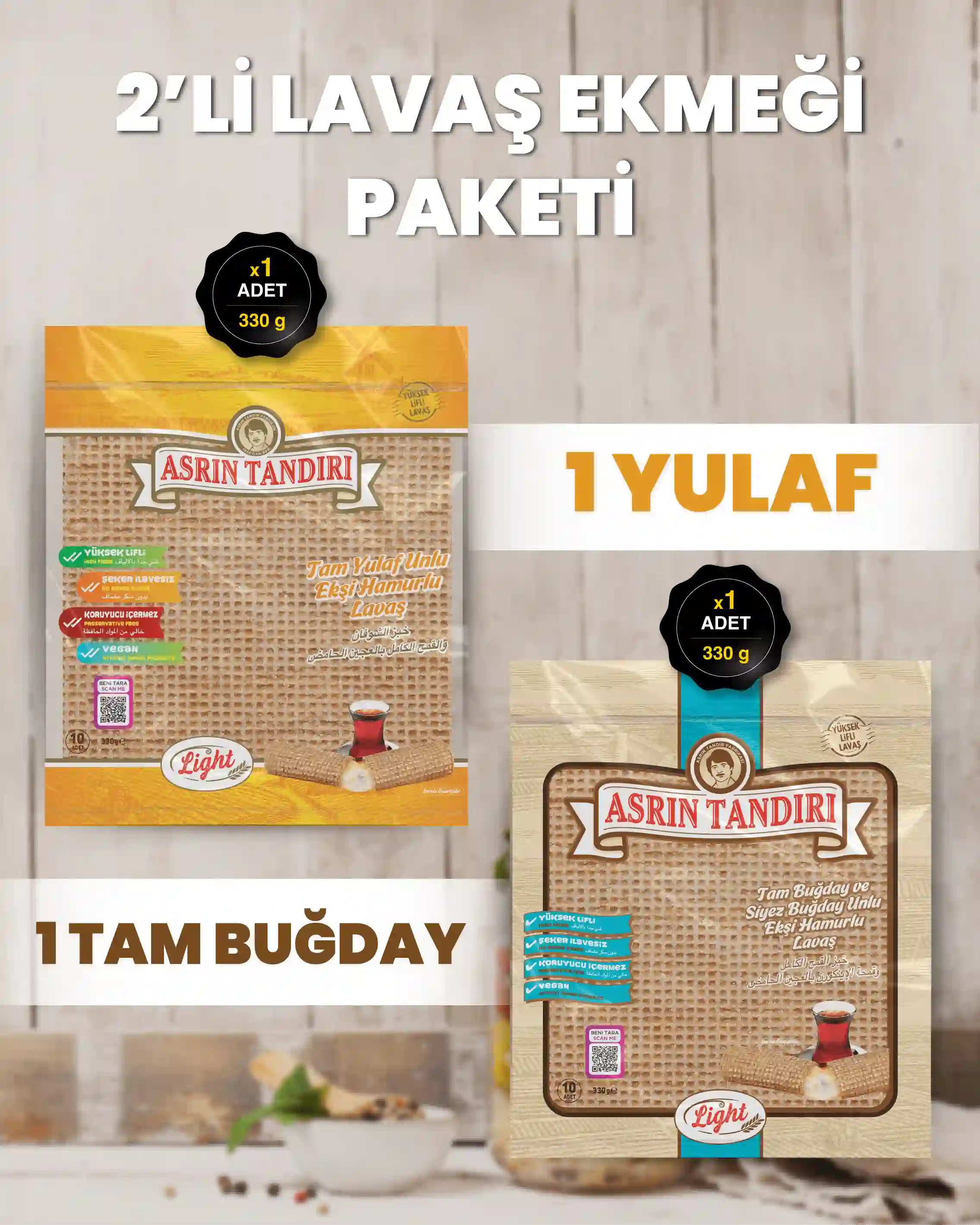 2'Lİ PAKET LAVAŞ SETİ (1 Paket Ekşi Hamurlu Tam Buğday Lavaş Ekmeği - 1 Paket Ekşi Hamurlu Yulaf Lavaş Ekmeği)