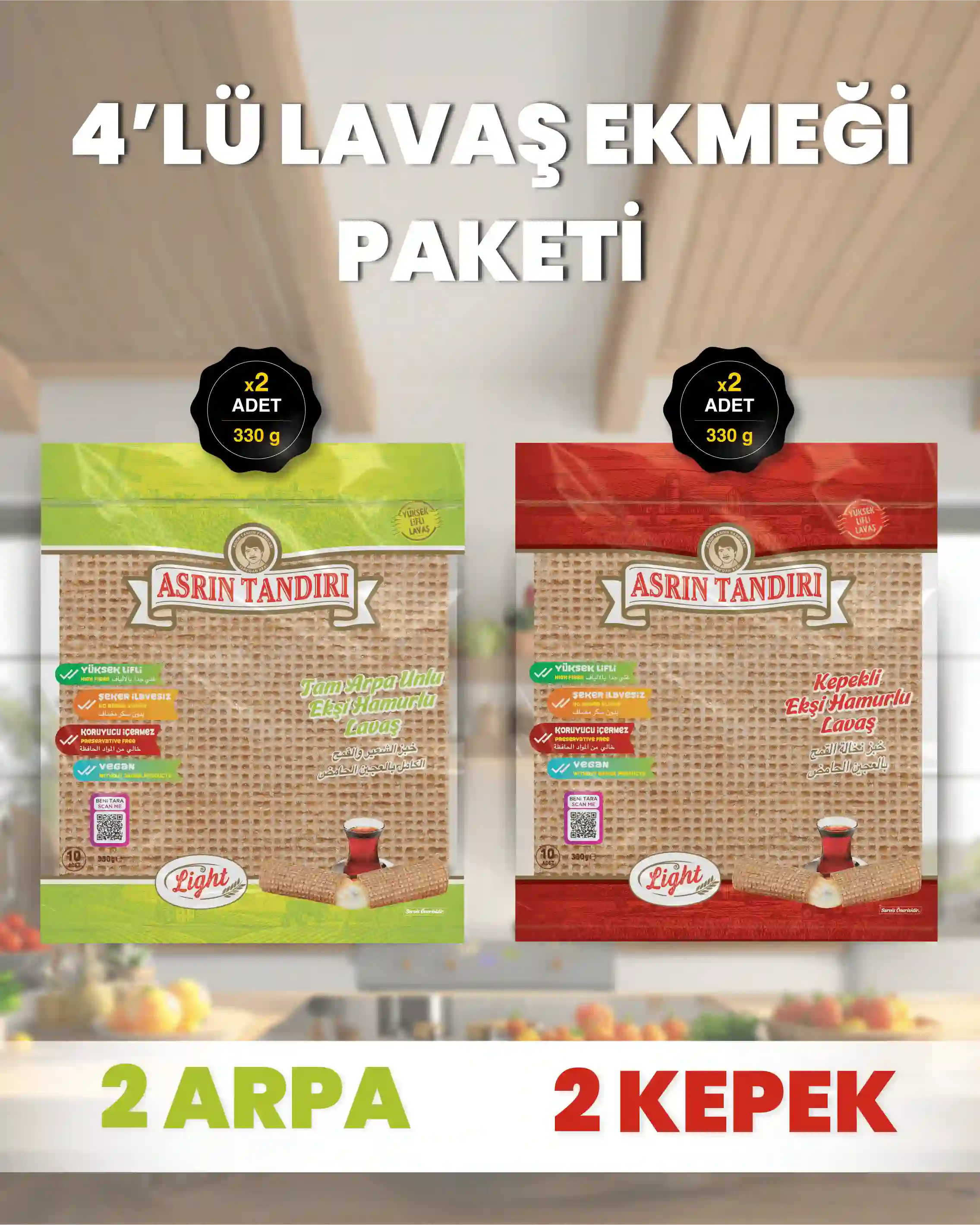 4'LÜ PAKET LAVAŞ SETİ (2 Paket Ekşi Hamurlu Arpa+2 Paket Ekşi Hamurlu Kepekli )