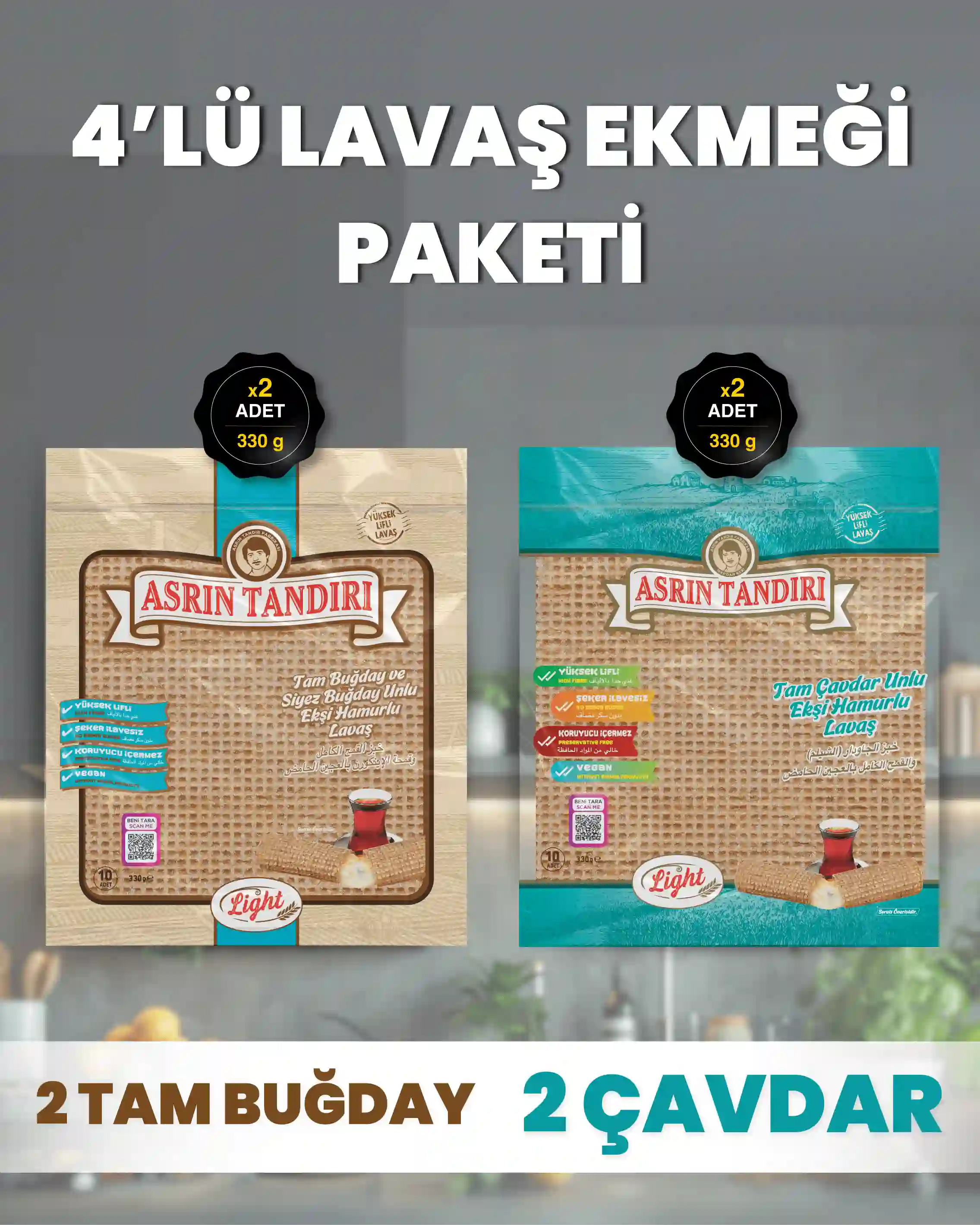 4'LÜ PAKET LAVAŞ SETİ (2 Paket Ekşi Hamurlu Çavdar+2 Paket Ekşi Hamurlu Tam Buğday)