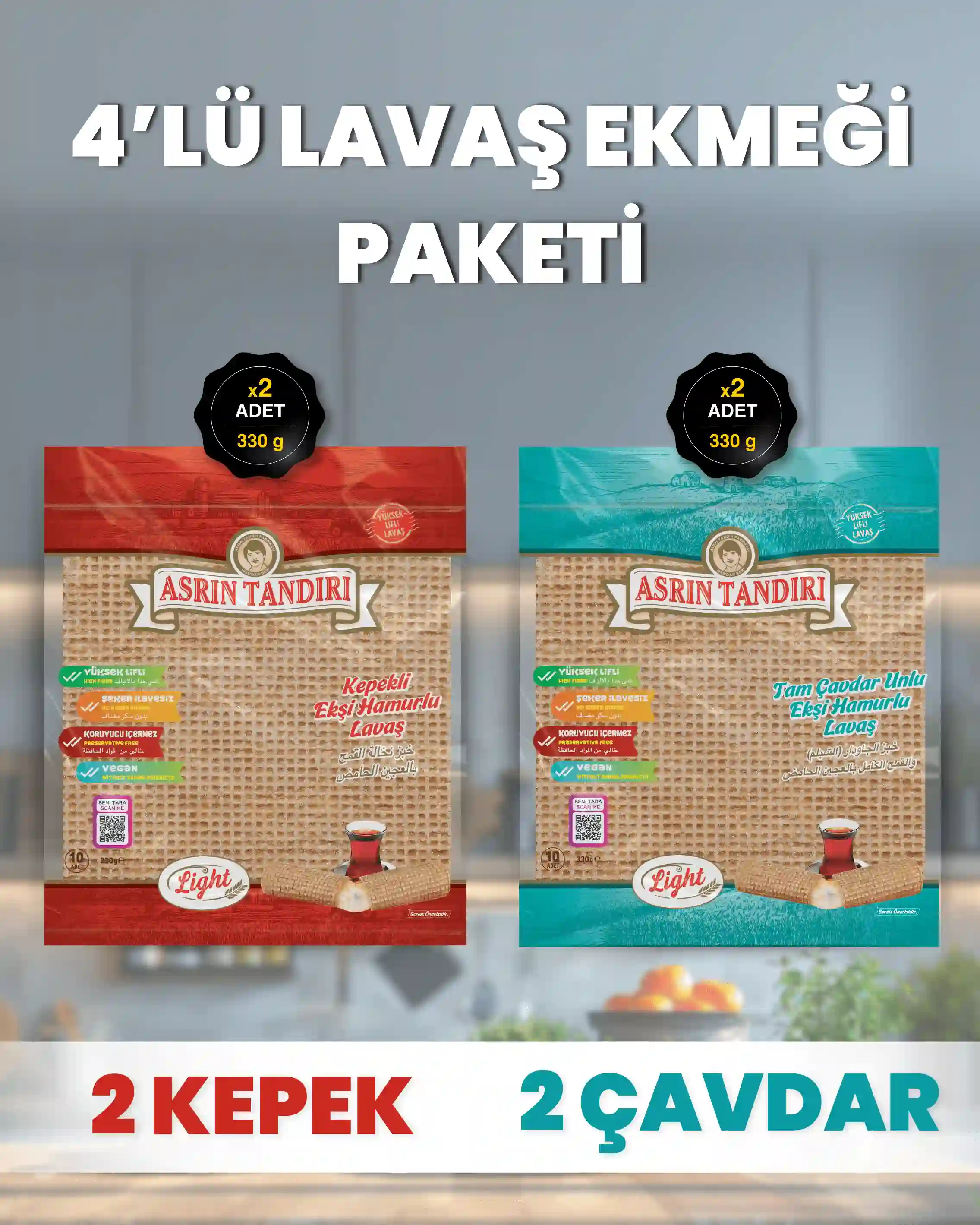 4'LÜ PAKET LAVAŞ SETİ (2 Paket Ekşi Hamurlu Kepekli +2 Paket Ekşi Hamurlu Çavdar)